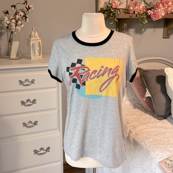 Comfy Car Racing Tee Short Sleeve Shirt Gray Top Womens L - Picture 3 of 6